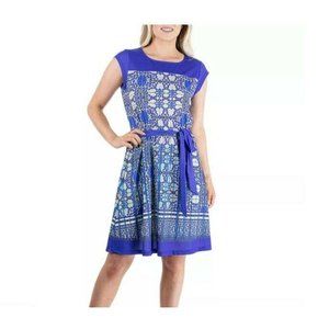 24seven Comfort Apparel Womens Dress M Blue Cap Sleeve Belted Stretchy NWOT
